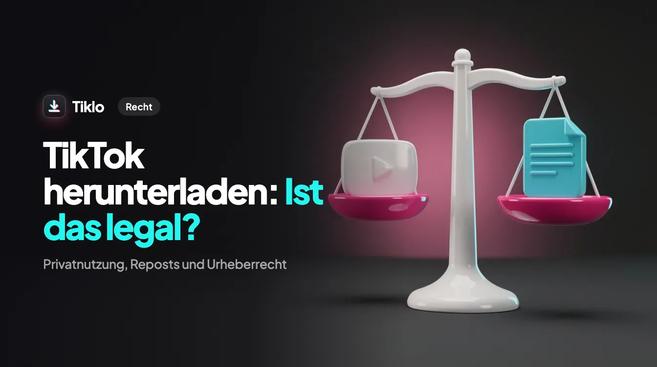 Ein Smartphone zeigt ein TikTok-Video neben einem Download-Symbol und einer Checkliste