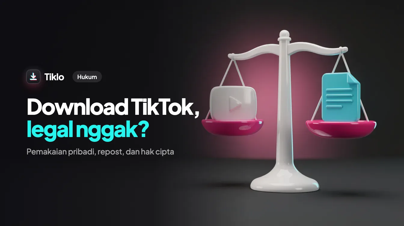 Smartphone menampilkan video TikTok di samping ikon download dan sebuah checklist