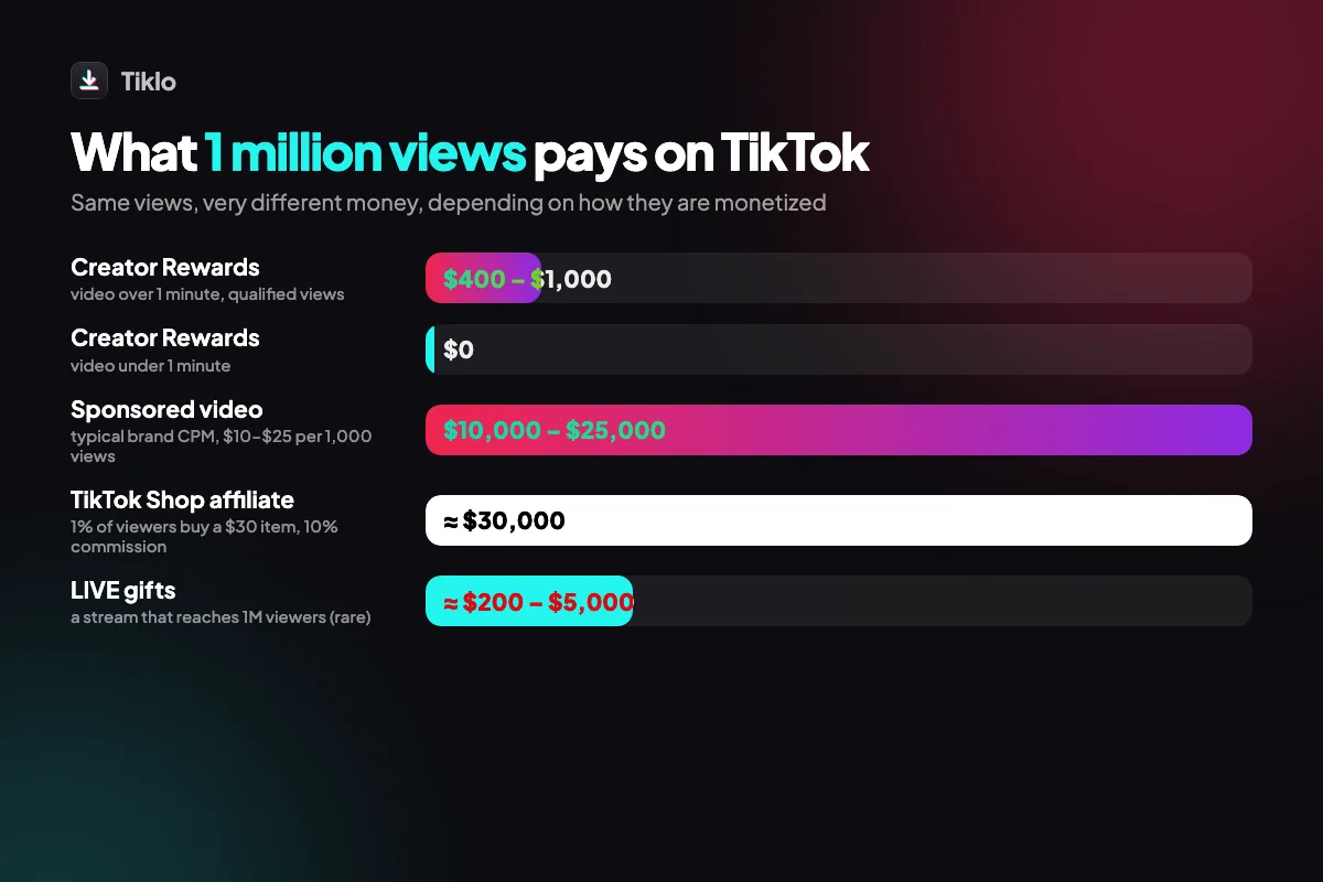 How much 1 million TikTok views pays with Creator Rewards, brand deals and LIVE